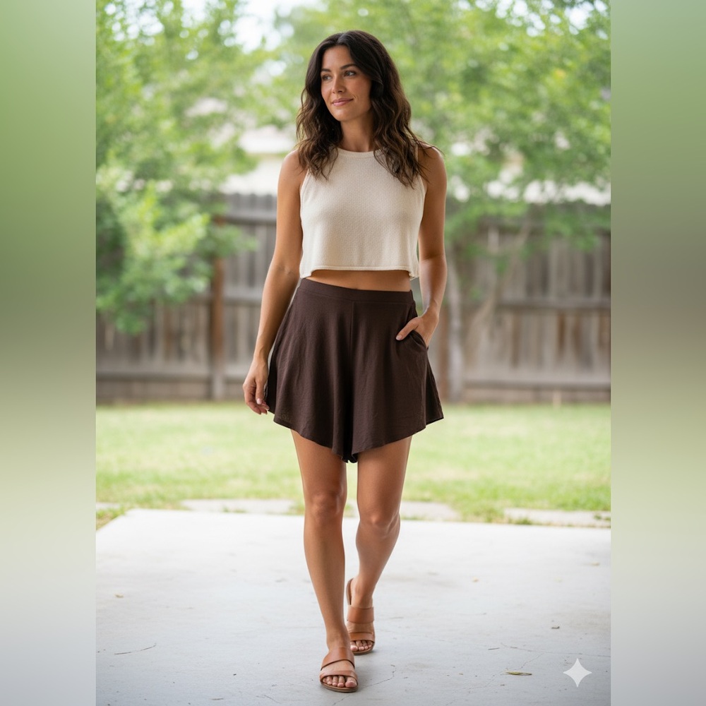 FP Beach Brown Rayon Flowy Drapey High Waisted Shorts M Boho Festival